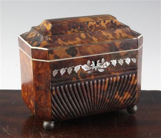 A Regency mother of pearl inset tortoiseshell tea caddy, 7in.